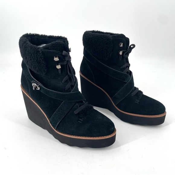 COACH Kenna Shearling Suede Black Buckle Leather Wedge Ankle Platform Boot - Picture 2 of 8